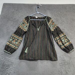 Ivy Jane Blouse Womens Medium Black Striped Embroidered Boho Peasant Tunic Top